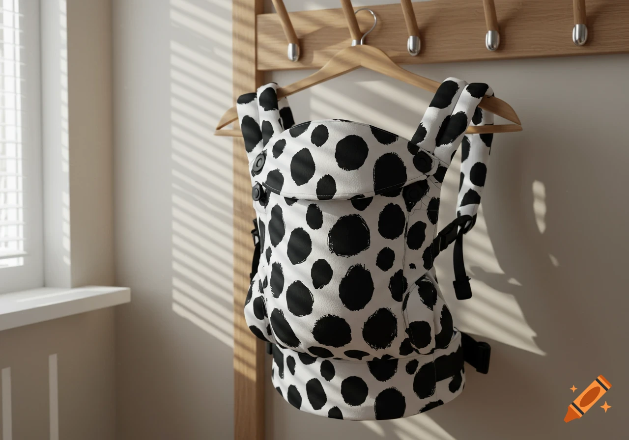 A black and white sketchy spot print baby carrier hangs on a wooden coat rack next to a sunlit window.