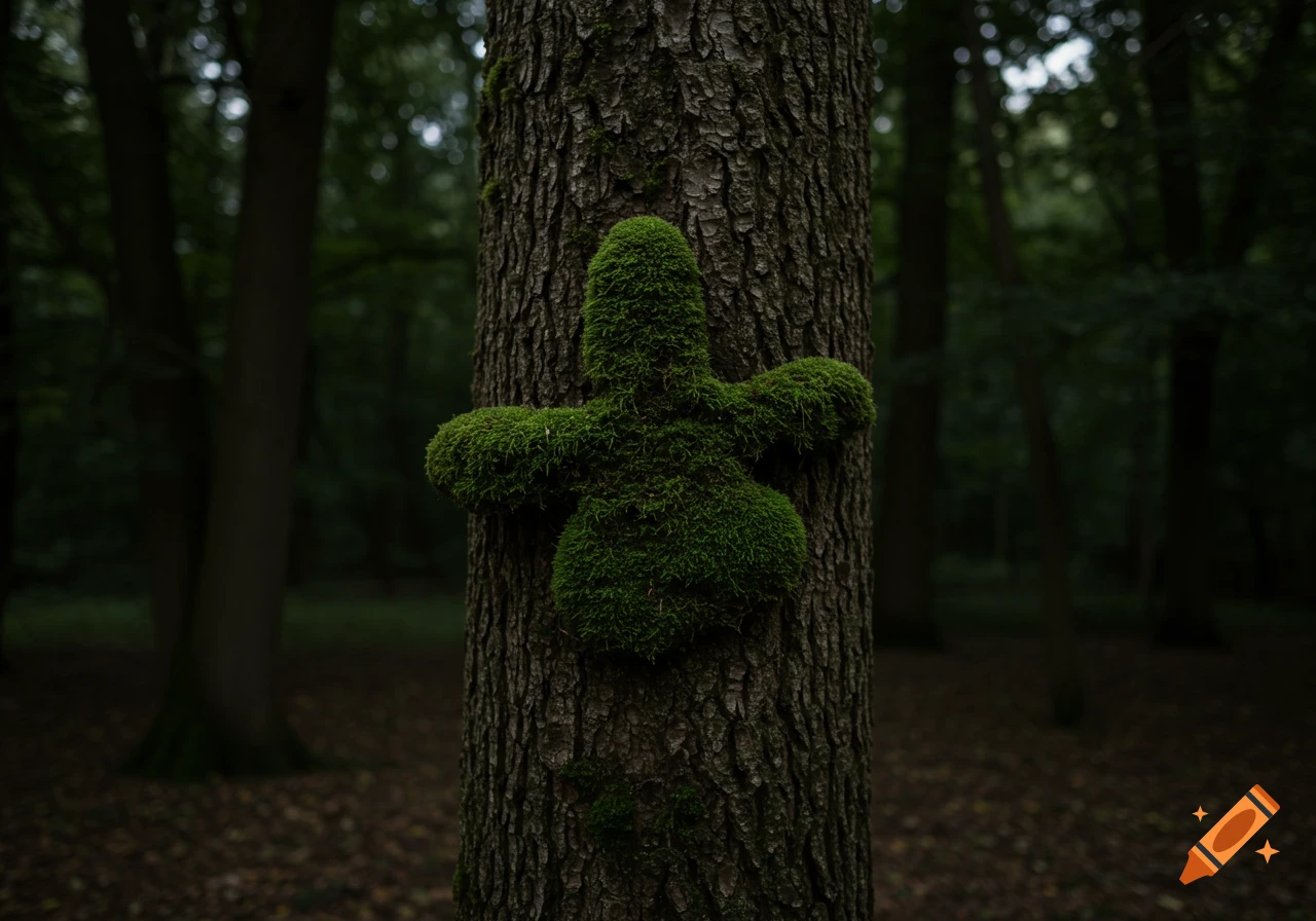 A creature-shaped moss patch on a tree trunk in a dark, eerie forest.