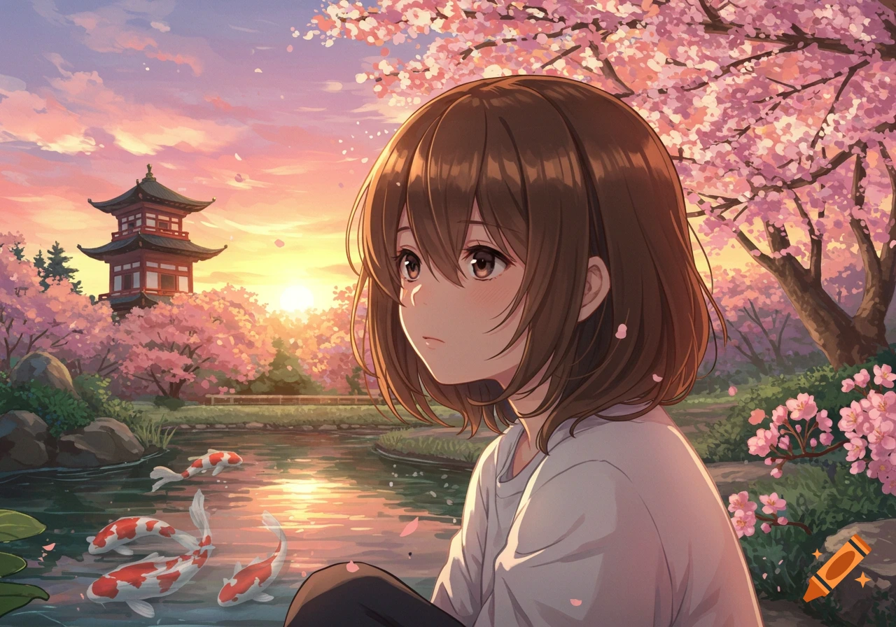 An anime girl with brown hair sits by a pond with koi fish in a cherry blossom garden, a pagoda visible at sunset.