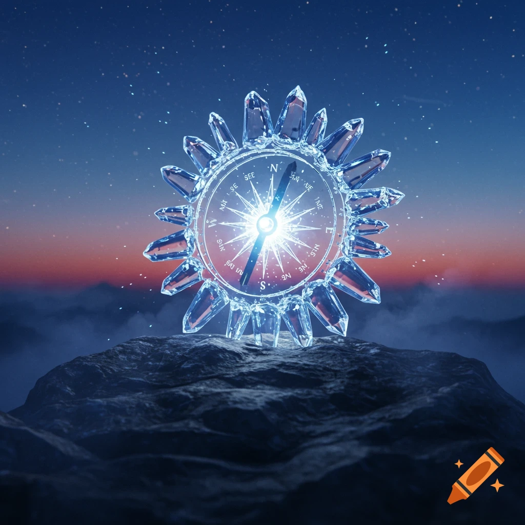 A brilliant crystal shard compass glows on a rocky peak under a starry night sky with an orange horizon.