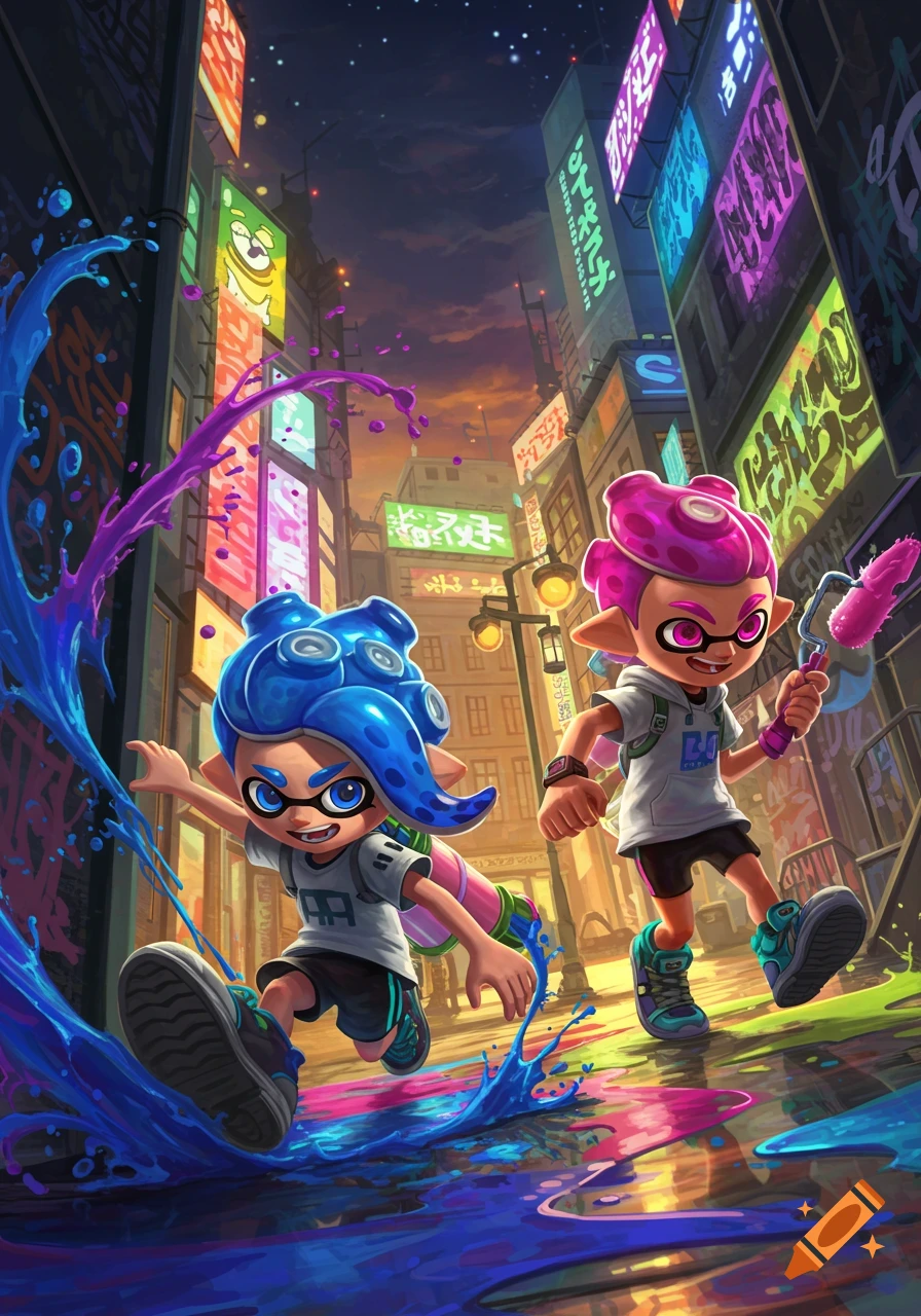 Two Splatoon characters, an Inkling and an Octoling, splash colorful ink in a neon-lit city at dusk, in a dynamic anime style.