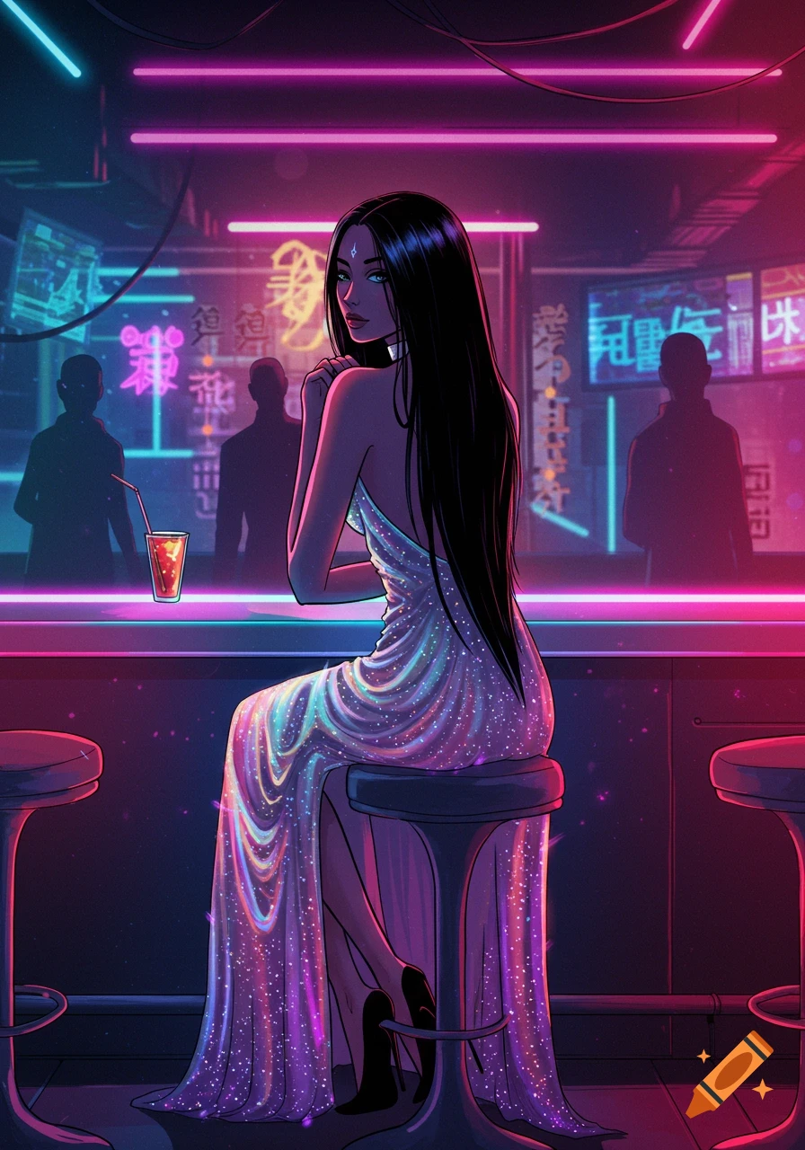 Manga illustration of a woman in a shimmering dress with long black hair, sitting at a futuristic neon bar.