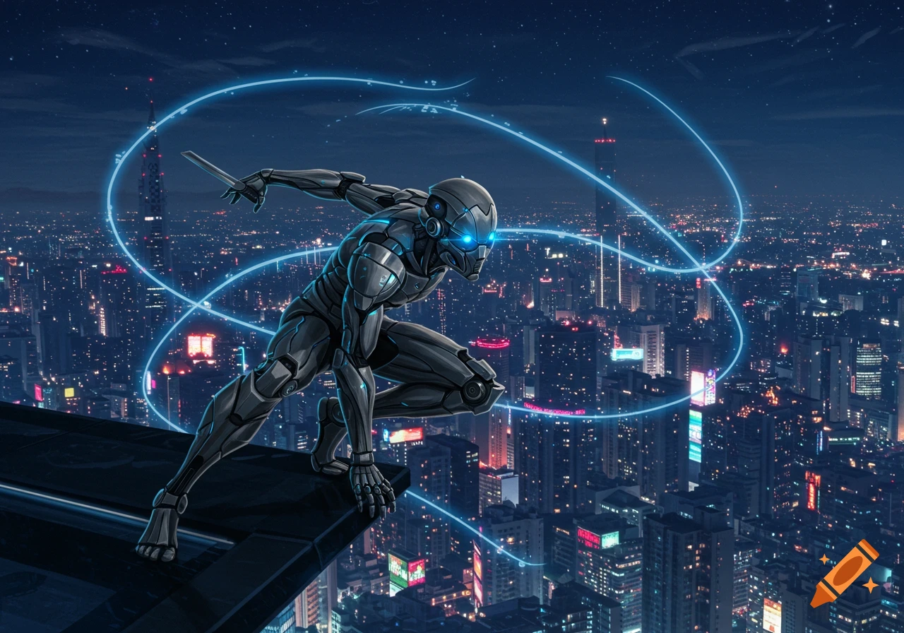 A futuristic gray cyborg with glowing blue eyes crouches on a city rooftop at night, overlooking a neon-lit city with blue energy trails.