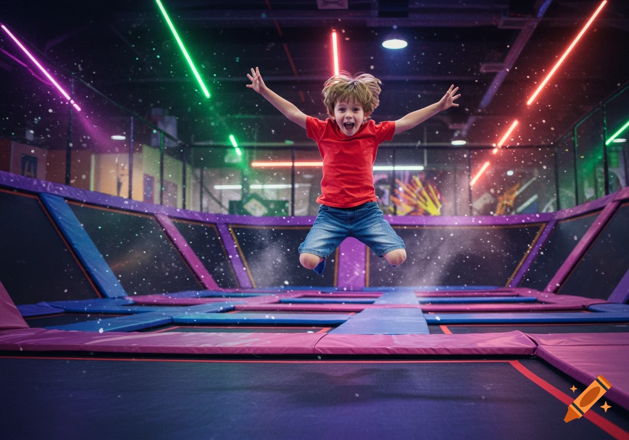 A happy boy jumps high in a vibrant indoor trampoline park with colorful neon lights and a starry effect.