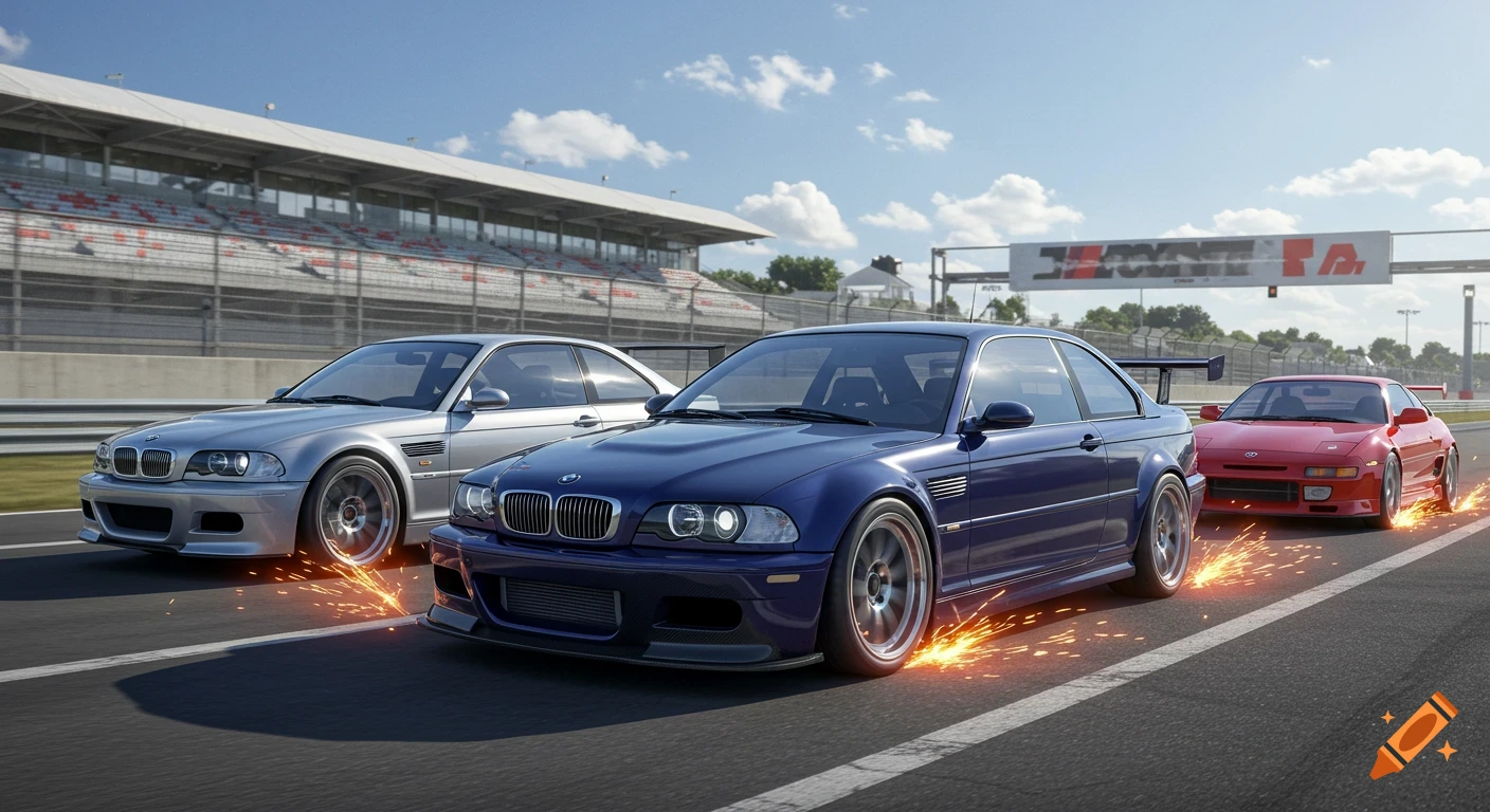 Three cars, a blue BMW, silver BMW, and red Toyota MR2, race on a track with sparks flying from their tires, under a clear sky.