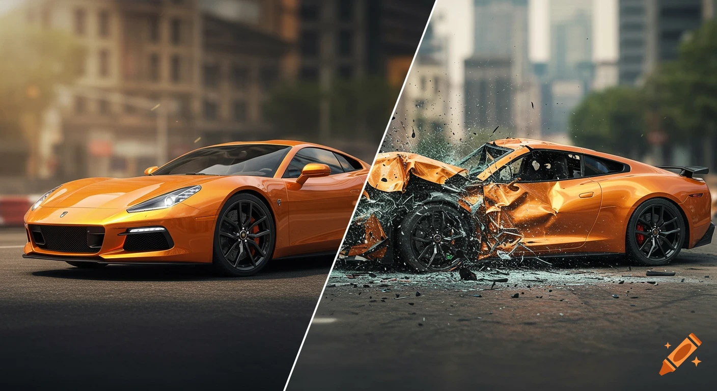 Photorealistic image of an orange sports car, whole on the left, crashed and damaged on the right, with a diagonal split.