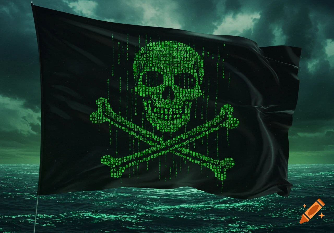 A black pirate flag with a glowing green skull and crossbones made of binary code, waving over a choppy dark green ocean under a stormy sky.