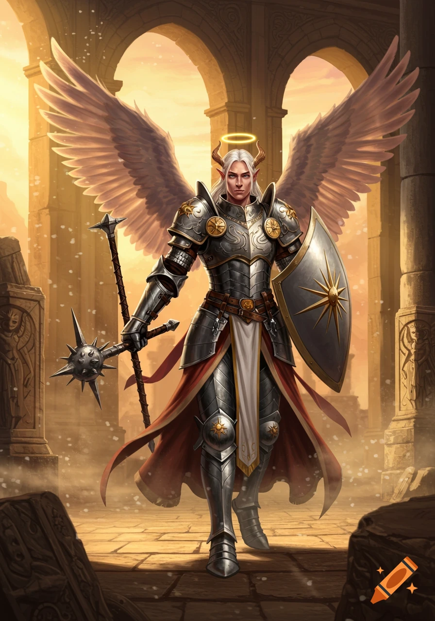 An Aasimar Cleric in silver armor with feathered wings, holding a morningstar and shield, stands in ancient ruins under a golden sky.