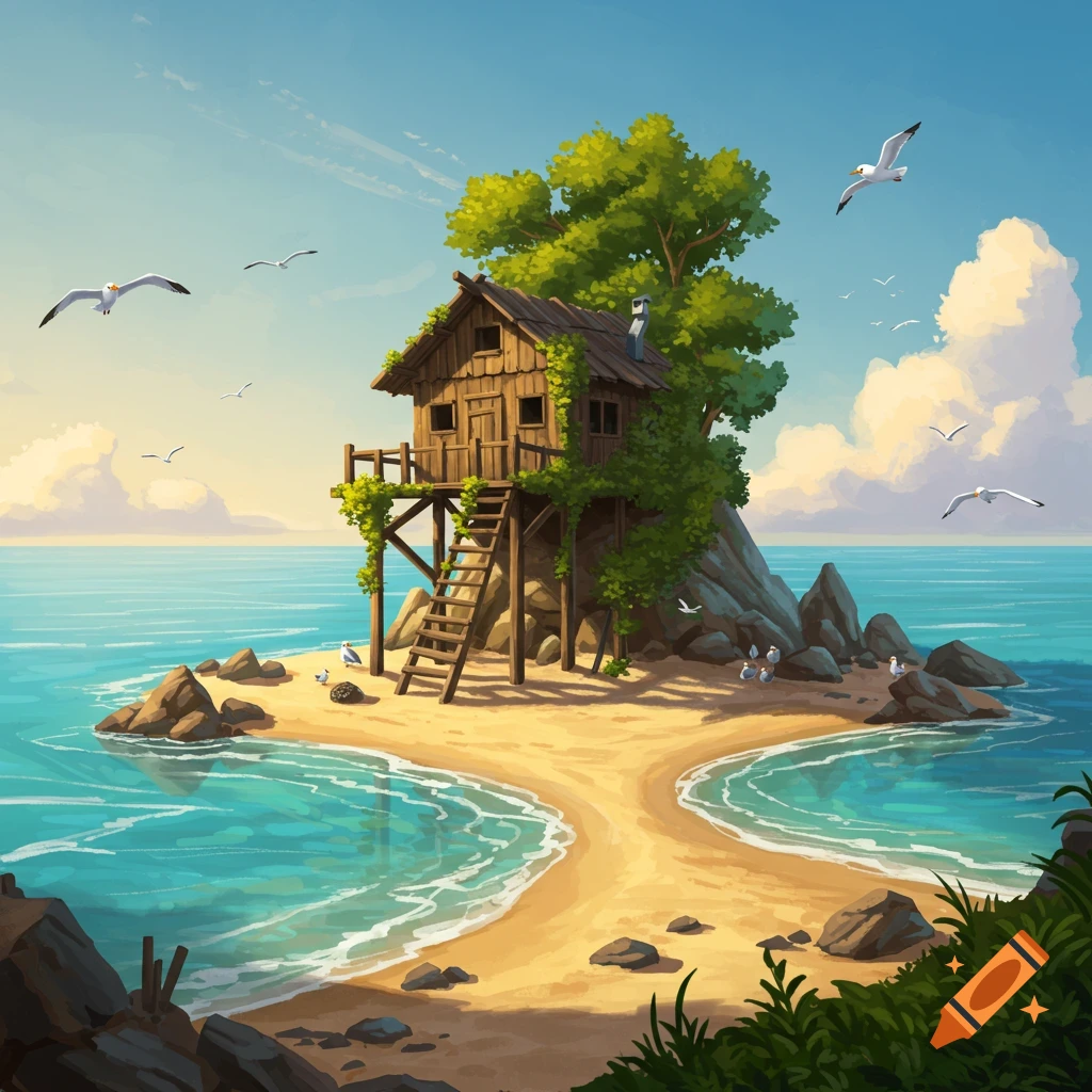A colorful illustration of a wooden hut on a small sandy island with turquoise water, surrounded by seagulls under a blue sky.