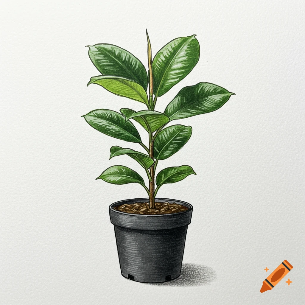 Hand-drawn colored pencil illustration of a Ficus Sophia plant with glossy green leaves in a matte black pot on a white background.