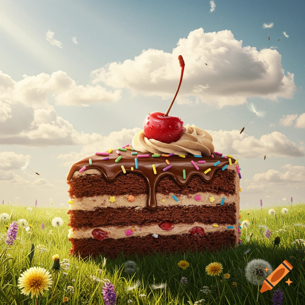 A giant slice of chocolate cake with sprinkles, whipped cream, and a cherry on top, sitting in a sunny field of green grass and wildflowers under a cloudy sky.