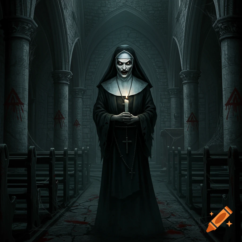 A demonic nun with glowing eyes and sharp teeth holds a lit candle in a dark, dilapidated gothic church with blood-like stains on the floor and pillars.