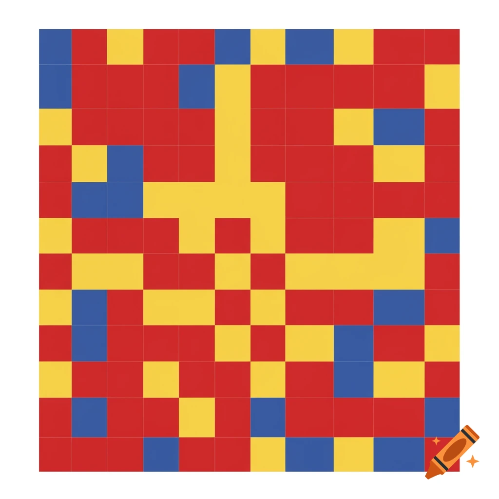 An abstract pixel art pattern made of red, yellow, and blue squares.