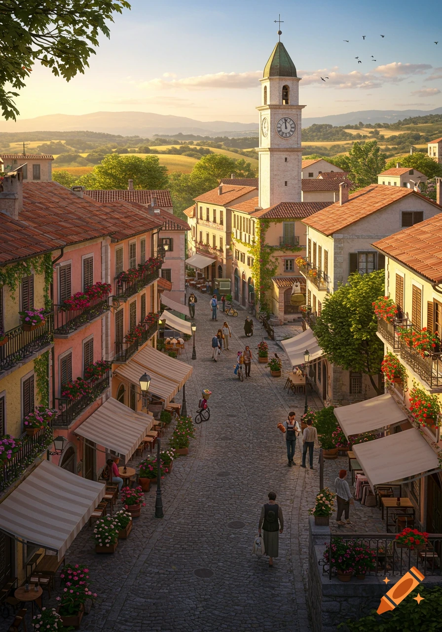 A charming European town with colorful buildings lining a cobblestone street, a clock tower, and distant green hills.