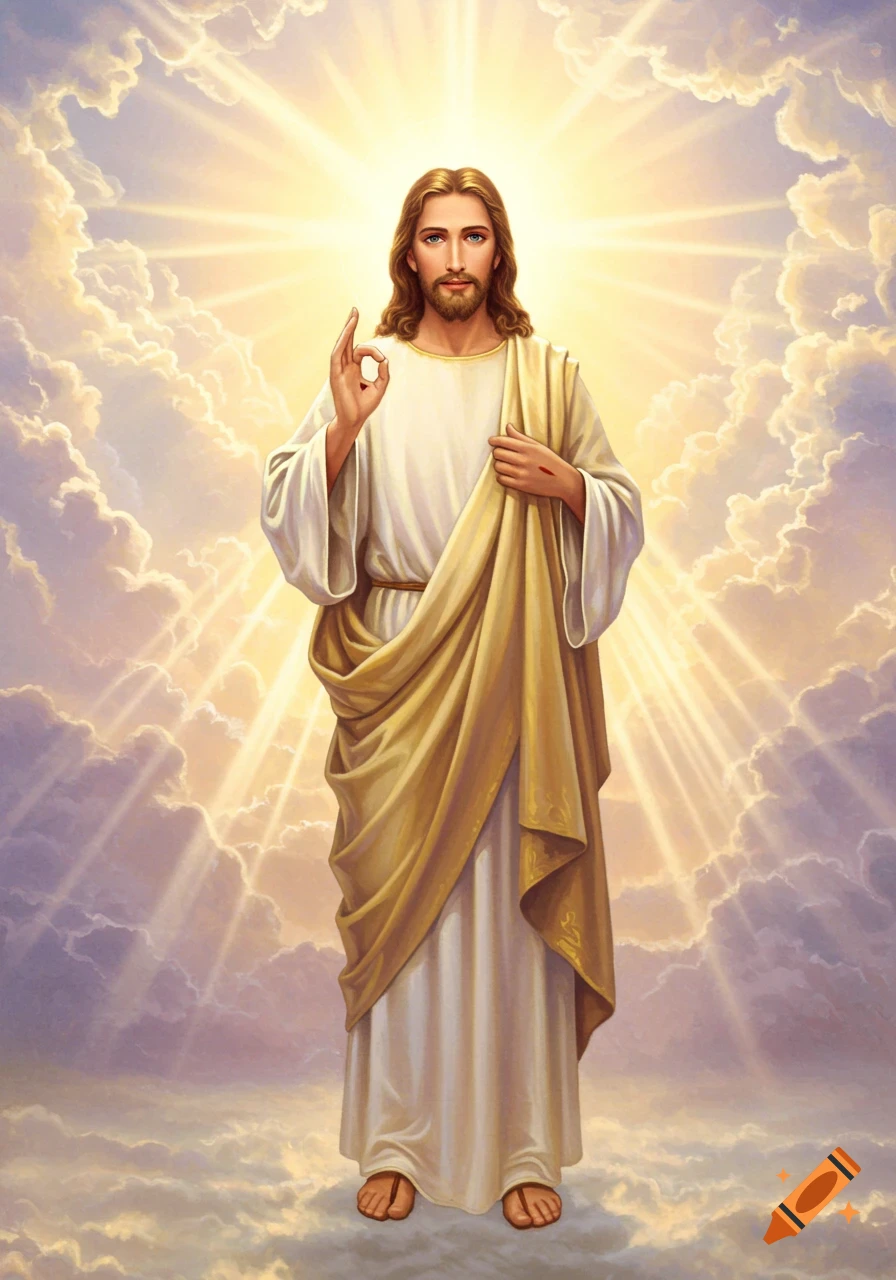 Jesus Christ with brown hair and beard, wearing white and gold robes, stands in glowing clouds, making an 'OK' gesture. Painting style.