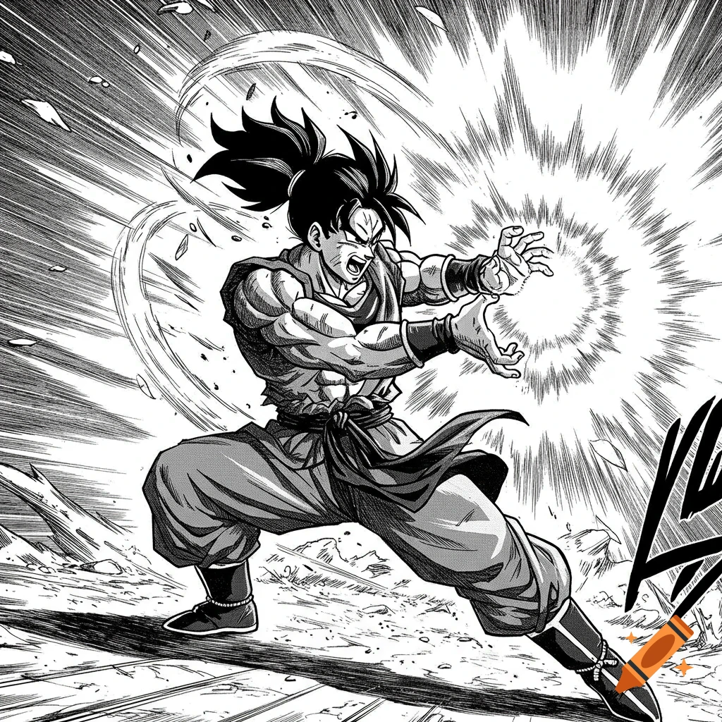 Manga art of a muscular Gohan-like character in martial arts attire, unleashing a powerful energy blast.
