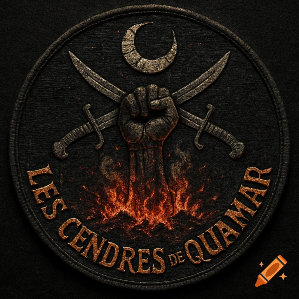 A dark, worn medieval fantasy patch featuring a raised fist, crossed swords, a crescent, fire, and 'Les Cendres de Quamar' text.