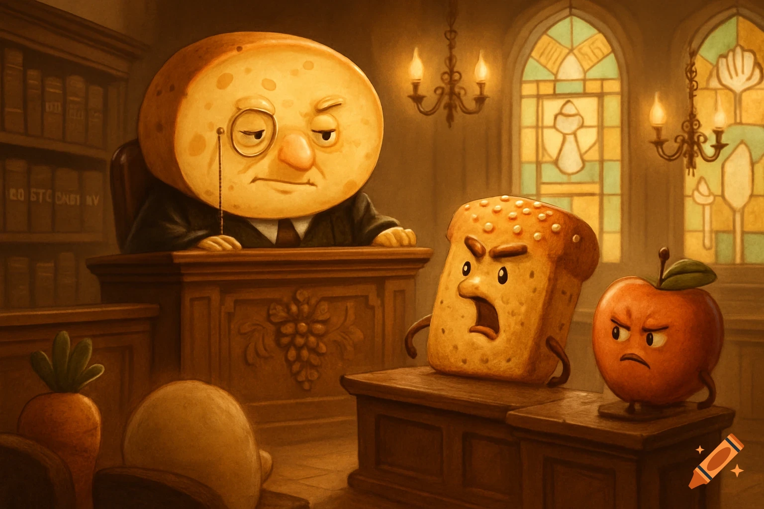 A cartoon courtroom scene with an anthropomorphic loaf of bread judge in a suit behind a bench, overseeing an angry slice of bread and an angry apple.