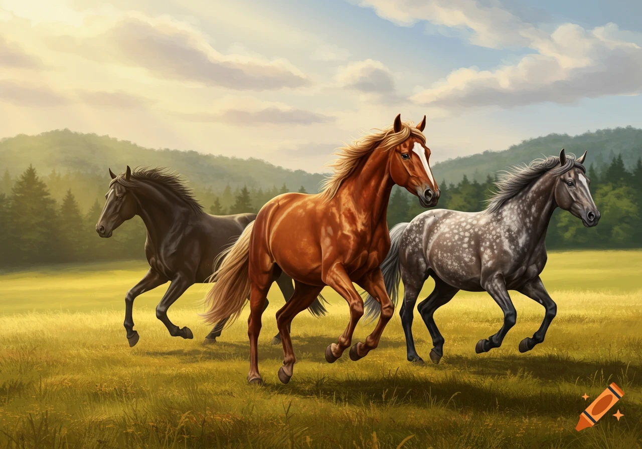 Three horses running in a sunlit grassy field with mountains and trees in the background, in a digital painting style.