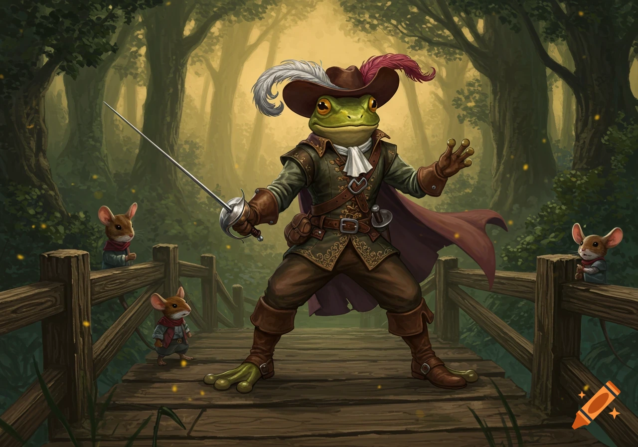 A frog musketeer in a feathered hat and cape, holding a rapier on a wooden bridge in a forest, observed by two mice. Digital painting.