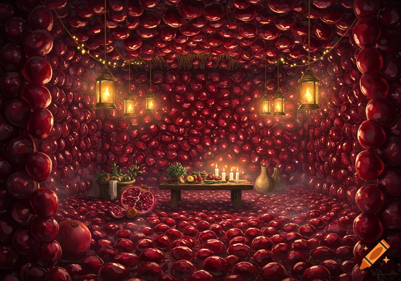 A cozy room with walls and floor covered in red pomegranates, glowing lanterns, candles, and a table laden with fruit.