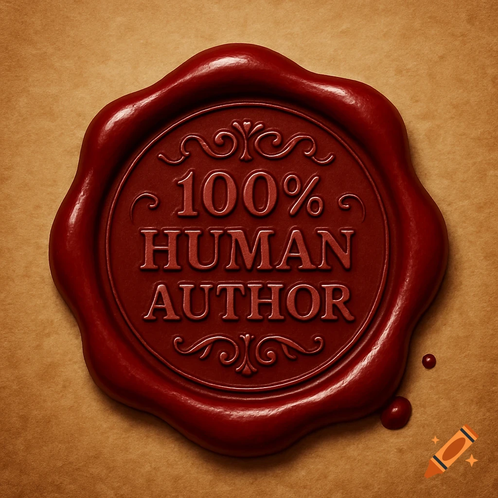 A red wax seal embossed with "100% HUMAN AUTHOR" on textured paper.