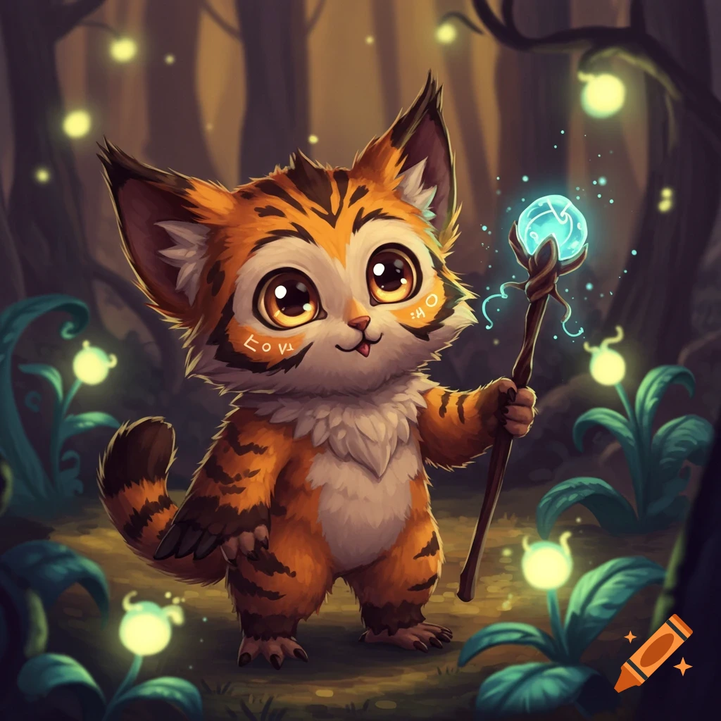 A cute, cartoon fantasy creature with tiger stripes and big eyes holds a glowing magic staff in a dark, magical forest.