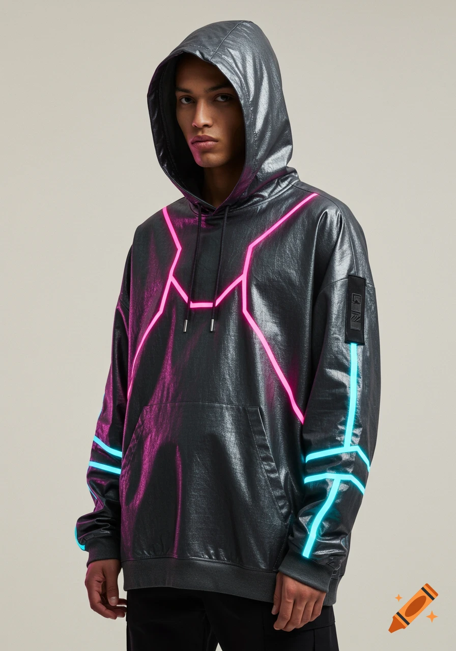 A male model wears a silver futuristic oversized hoodie with pink and blue neon accents on a clean background.