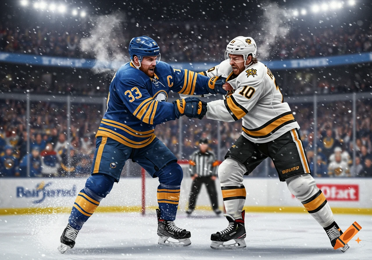 Two hockey players in blue and white jerseys, identified by numbers 33 and 10, brawl on an icy rink with snow and a stadium crowd in the background.