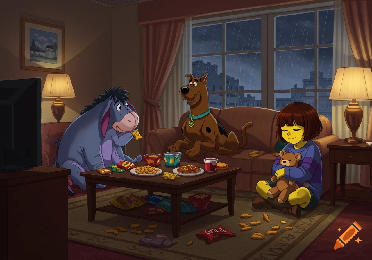 Eeyore and Scooby-Doo eat snacks in a cozy room while Frisk sits on the floor with a teddy bear, as rain falls outside.