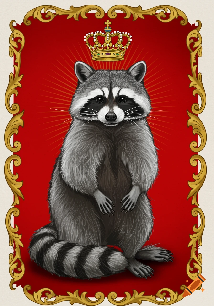 A regal illustration of a raccoon wearing a golden crown, standing against a red background within an ornate gold frame.