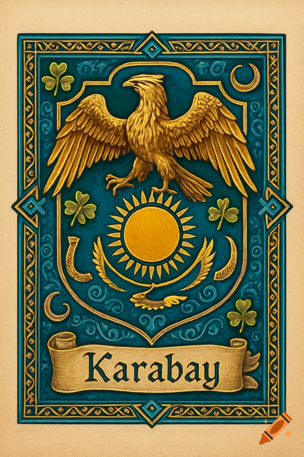 Golden eagle and sun on a teal family crest with intricate gold borders, featuring shamrocks and a banner reading 'Karabay'.