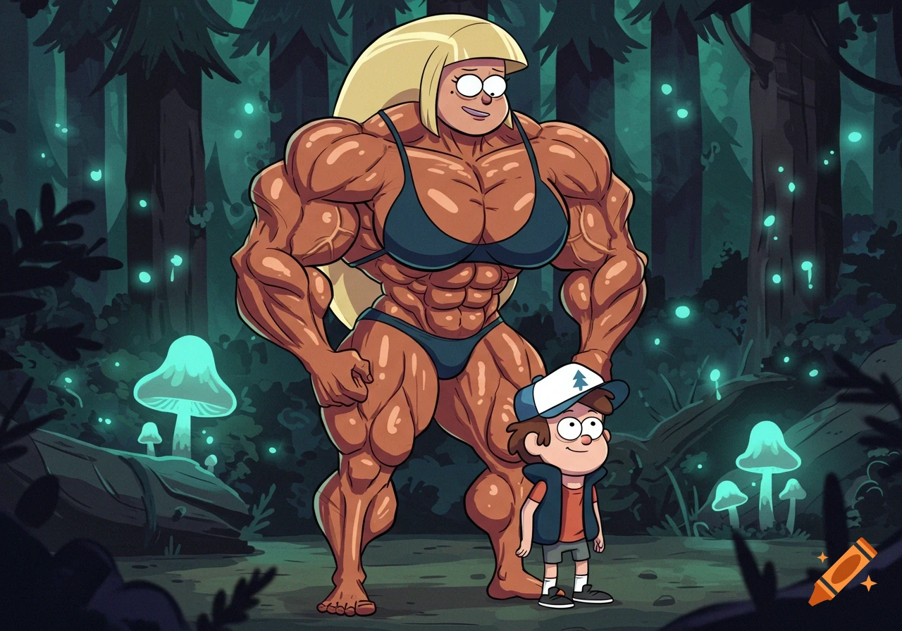 Cartoon of a muscular Pacifica Northwest in a bikini next to Dipper Pines in a magical forest.