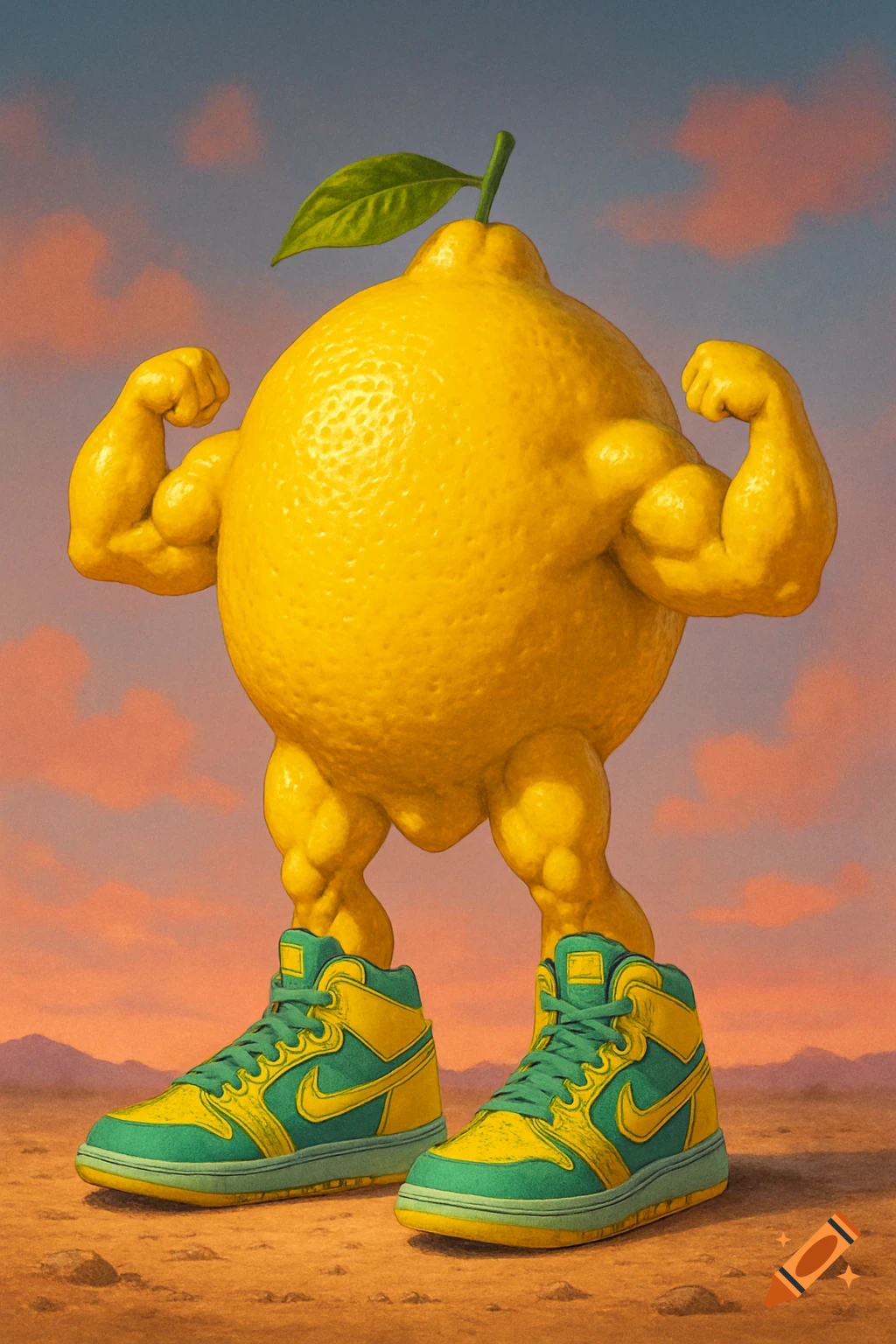 A muscular, anthropomorphic lemon wearing teal and yellow Nike high-top sneakers stands in a desert landscape under a pink and blue sky.