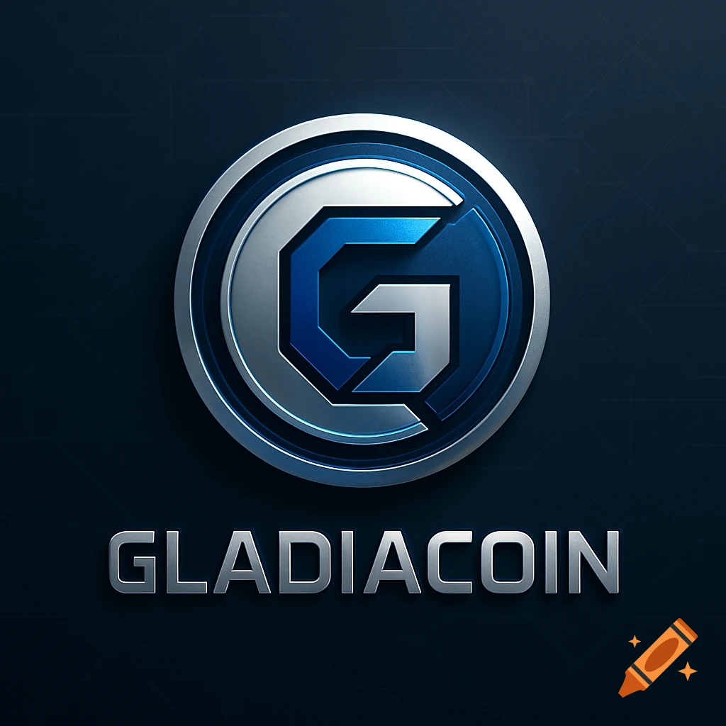 A sleek metallic silver and blue Gladiacoin logo with a stylized 'G' inside a circle, above the word 'GLADIACOIN'.