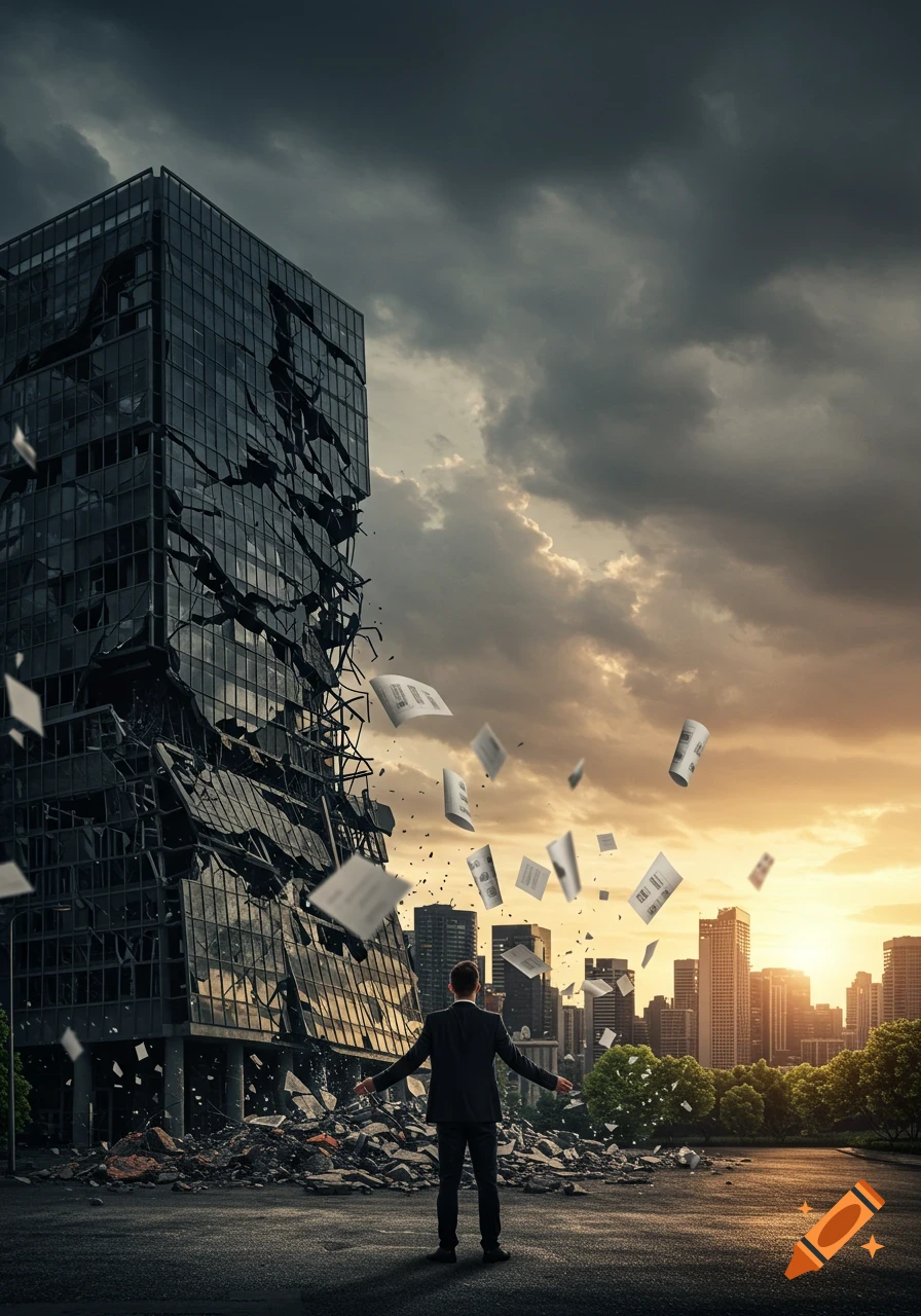 A man in a suit stands before a demolished skyscraper with papers flying against a dramatic sunset, symbolizing failure.