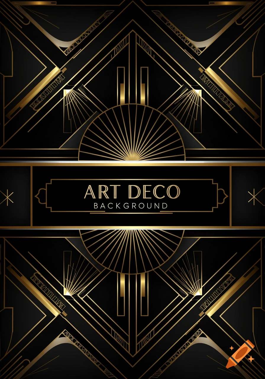 A black and gold Art Deco geometric pattern with fan shapes and the text 'ART DECO BACKGROUND' in the center.