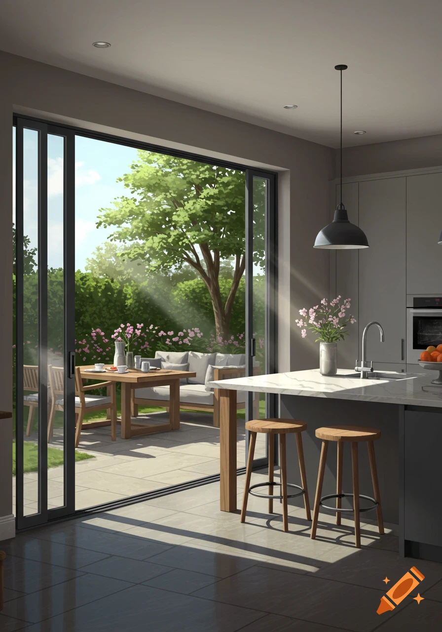 An open-plan kitchen with a white marble island and two wooden stools, looking out onto a sunny outdoor patio with furniture and a garden.