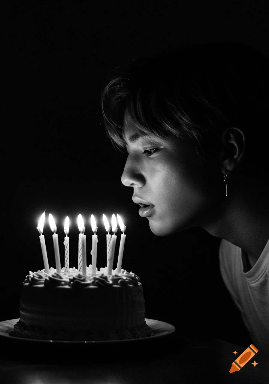 Black and white profile portrait of a person blowing out candles on a birthday cake, dramatic lighting.