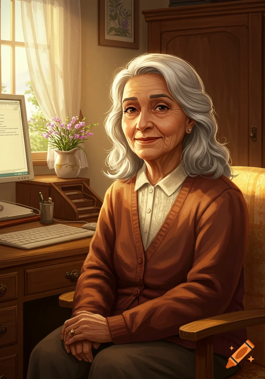 Digital painting of an elderly woman with silver hair sitting at a wooden desk with a computer and flowers, smiling.