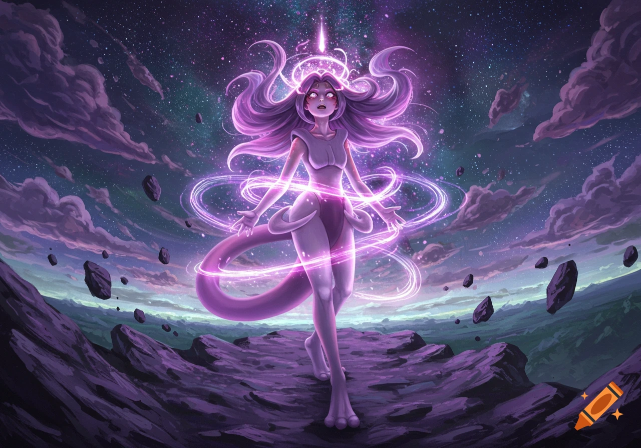 A stylized purple humanoid creature, resembling Mewtwo, glows with cosmic energy on a rocky alien landscape under a starry sky.