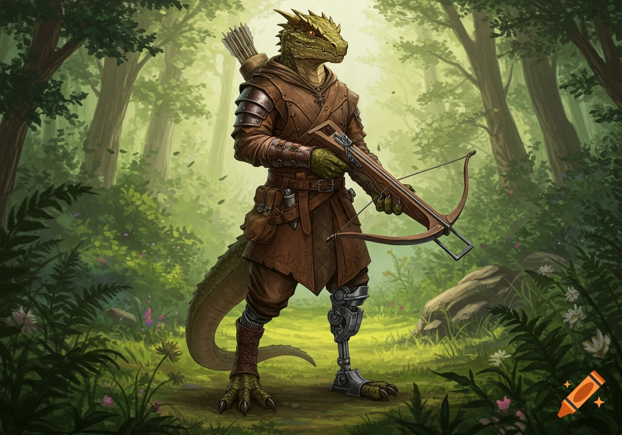 A lizardfolk ranger with a crossbow and a prosthetic left leg stands in a lush fantasy forest.