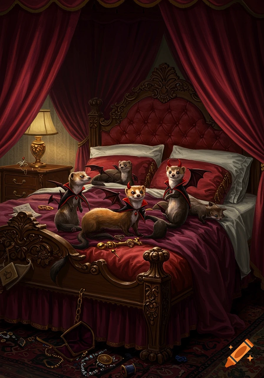 Five weasels, some in vampire capes and devil horns, sit on a luxurious red four-poster bed in a dimly lit room.