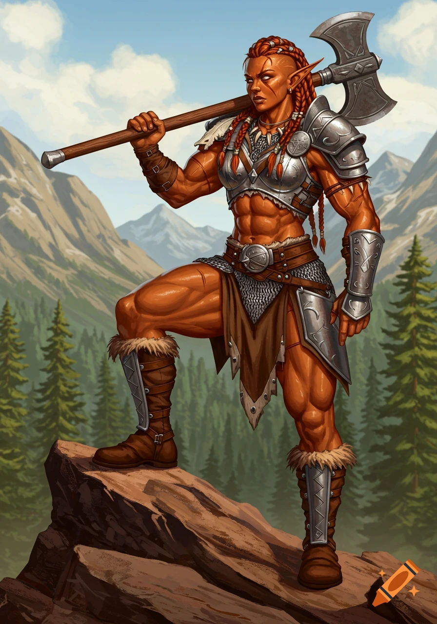 A muscular, red-braided female barbarian in armor holds a large axe while standing on a rock. Mountains and forest in the background. Fantasy art.