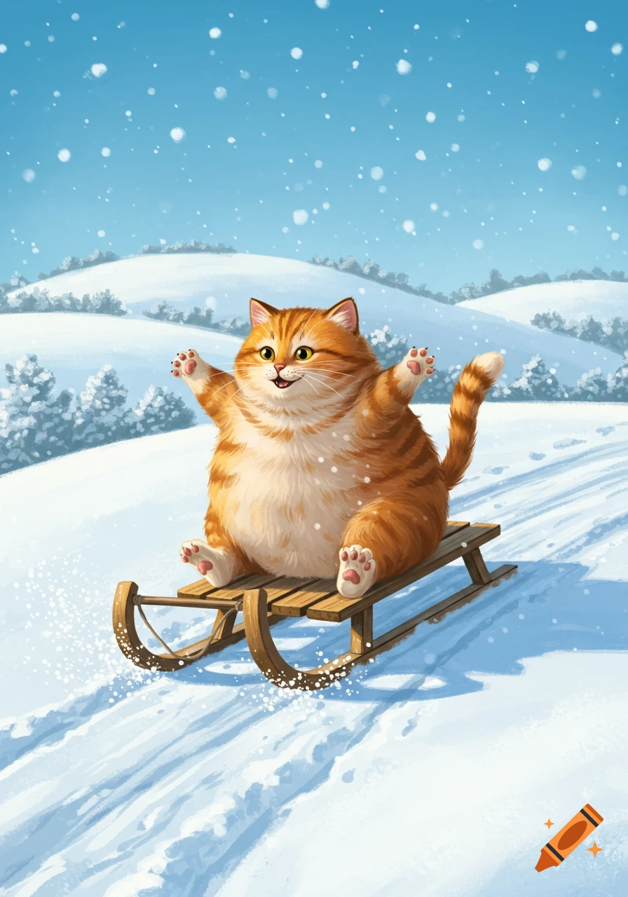 A chubby orange tabby cat with a wide smile happily sleds down a snowy hill as snowflakes fall, in a cartoon illustration.