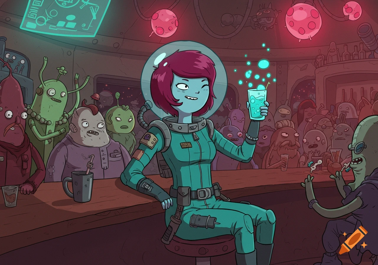 A cartoon female space rogue in a teal suit sips a glowing drink at a bar, surrounded by aliens in a vibrant space cantina.