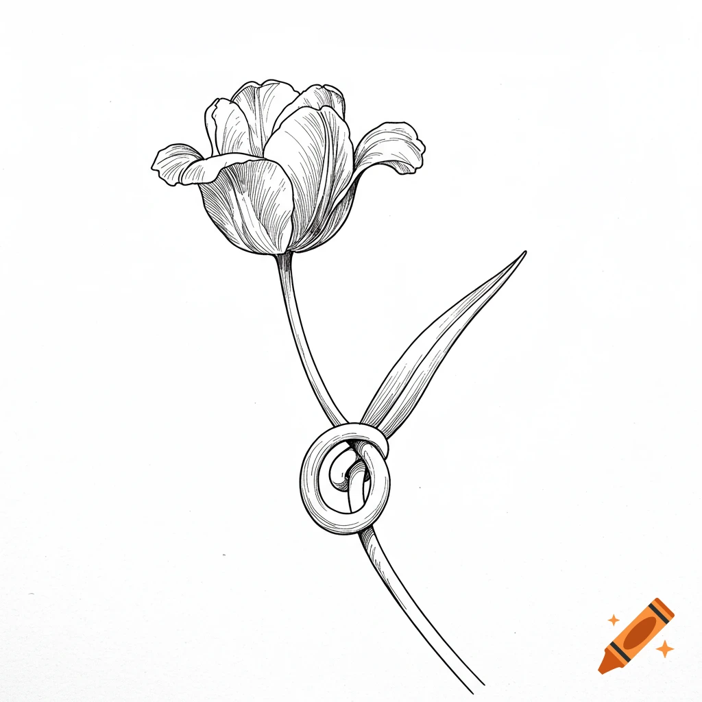 Fine line black and white sketch of a tulip with its stem intricately tied in a knot.