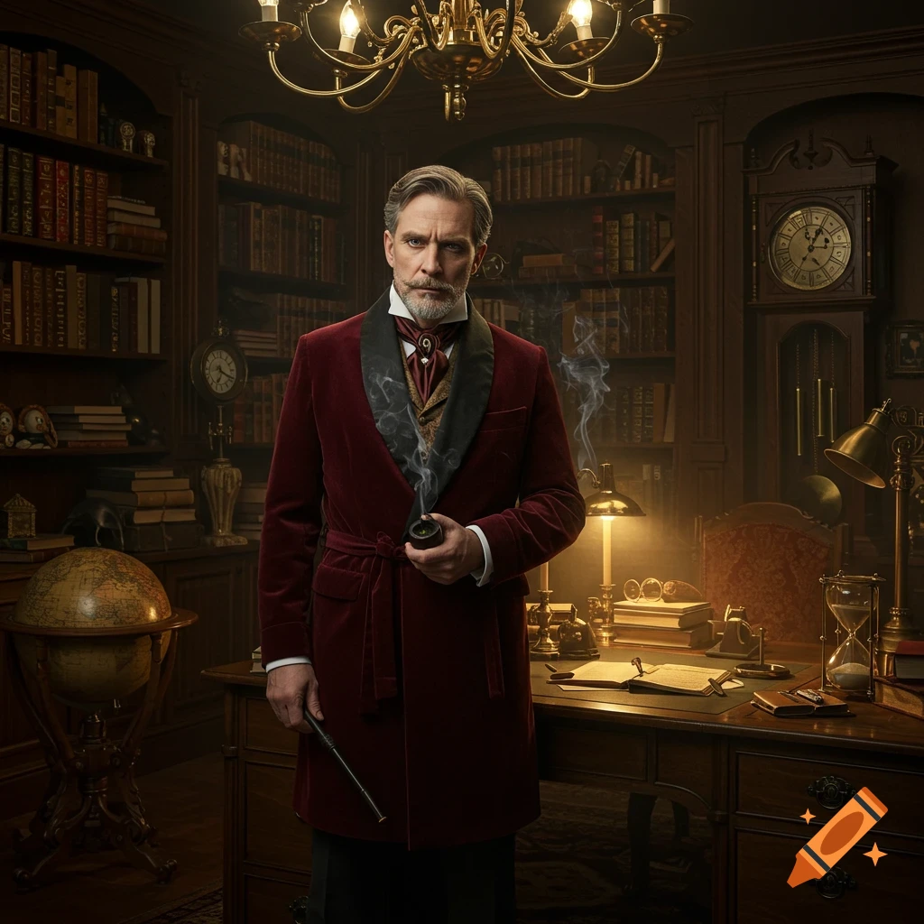 Distinguished gentleman in a red velvet smoking jacket holds a pipe and cane in a vintage, wood-paneled study.