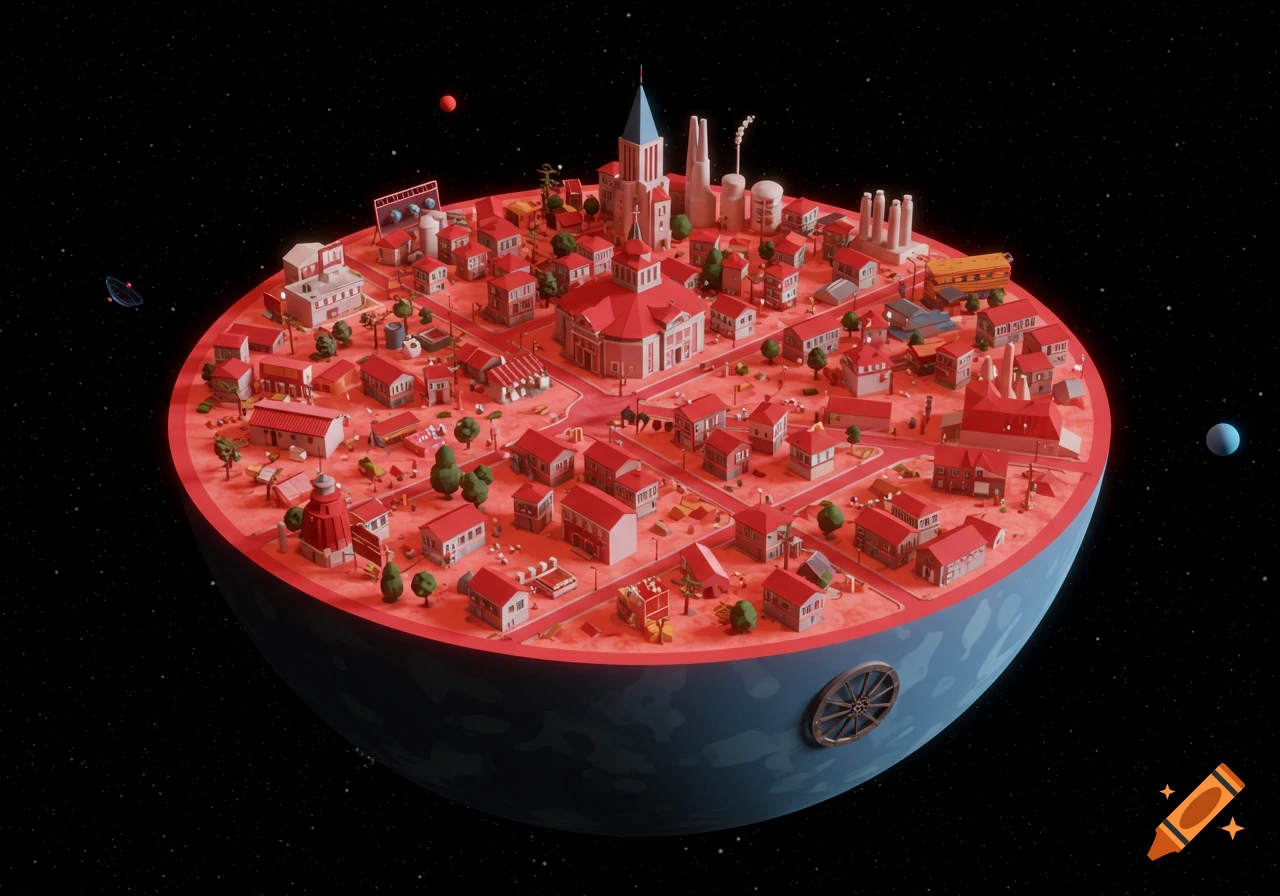 A cartoonish 3D render of a city built on the reddish, cross-sectioned surface of a planet, floating in a starry black void.