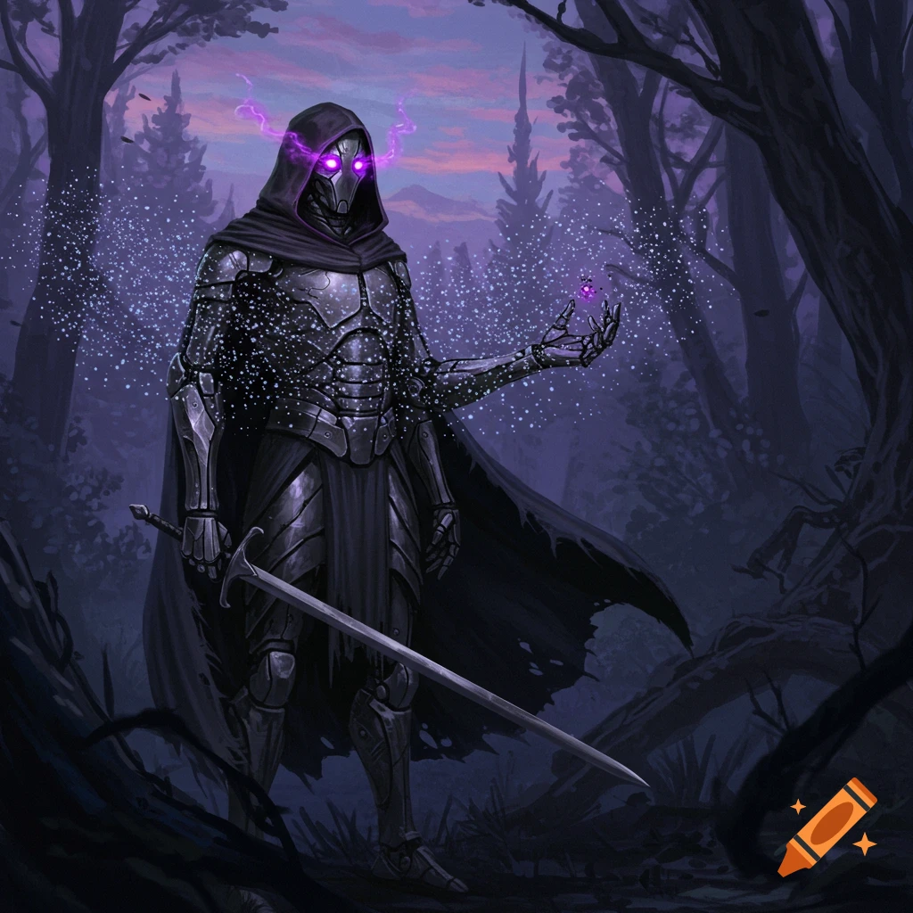 An armored warforged character with glowing purple eyes and a dark cloak holds a sword in a mystical forest, purple nanites swarm.